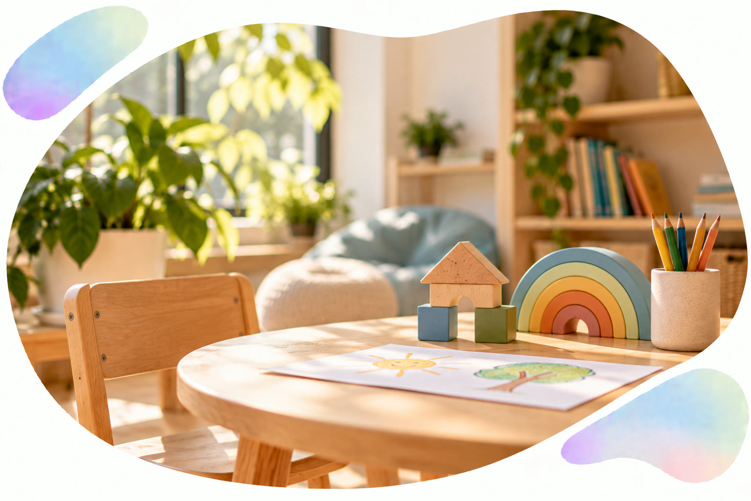 Kindgerechter Raum mit Holzspielzeug und Regenbogen